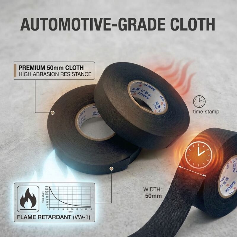 Wide Temperature Range Cloth Wire Harness Tape 50mm x 25m Automotive Wiring Loom Wrap
